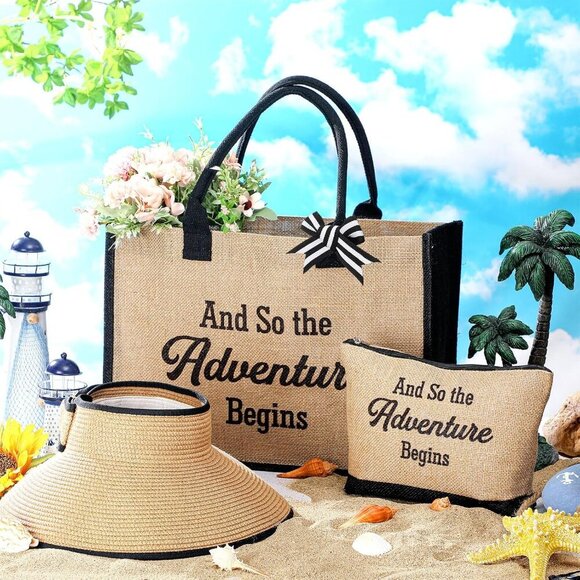 Beach Bag Set Canvas Tote Sun Visor Makeup Bag for Travel Summer - Picture 6 of 7